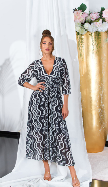 Maxi-jurk met print en riem om vast te binden zwart